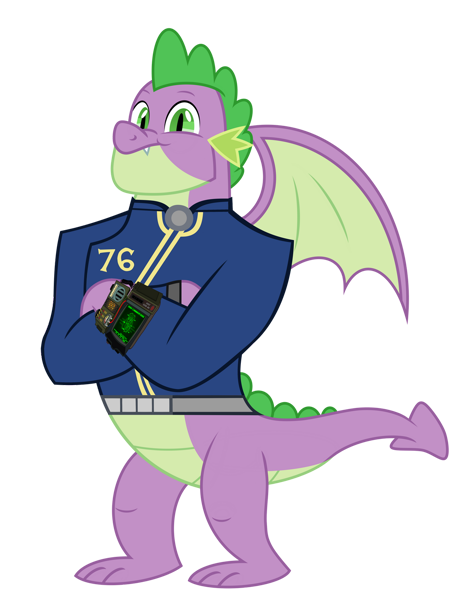 Size: 465x600 | Tagged: safe, artist:ponygamer2020, derpibooru import, spike, dragon, fallout equestria, the last problem, absurd resolution, clothes, fallout, fallout 76, gigachad spike, image, jumpsuit, looking at you, male, older, older spike, pip-boy 2000 mark vi, pipboy, pipbuck, png, simple background, smiling, smiling at you, solo, transparent background, vault suit, vector, winged spike, wings