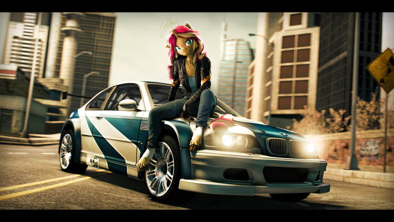 Size: 9600x5400 | Tagged: safe, artist:imafutureguitarhero, derpibooru import, sunset shimmer, anthro, classical unicorn, pony, unguligrade anthro, unicorn, 3d, absurd file size, absurd resolution, black bars, bmw, bmw m3 gtr, car, cheek fluff, chest fluff, chest freckles, chromatic aberration, clothes, cloven hooves, colored eyebrows, colored eyelashes, crossover, ear fluff, ear freckles, female, film grain, fingerless gloves, floppy ears, fluffy, freckles, fur, gloves, graffiti, headlights, hoof fluff, hoof wraps, horn, image, jacket, jpeg, key, leather, leather gloves, leather jacket, leg wraps, leonine tail, long hair, long mane, looking at you, mare, multicolored hair, multicolored mane, multicolored tail, need for speed, need for speed: most wanted, one ear down, outdoors, paintover, pants, peppered bacon, revamped anthros, revamped ponies, road, road sign, shirt, signature, sitting on car, smiling, smiling at you, solo, source filmmaker, streetlight, tail, unshorn fetlocks, wall of tags