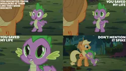 Size: 2000x1125 | Tagged: safe, derpibooru import, edit, edited screencap, editor:quoterific, screencap, applejack, spike, dragon, earth pony, pony, spike at your service, everfree forest, female, hug, image, male, mare, png