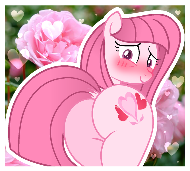 Size: 1227x1102 | Tagged: suggestive, artist:tanahgrogot, derpibooru import, oc, oc:annisa trihapsari, unofficial characters only, earth pony, pony, adorasexy, annibutt, blushing, butt, cute, dock, earth pony oc, female, flower, heart, image, looking at you, looking back, looking back at you, mare, plot, png, rose, sexy, solo, tail