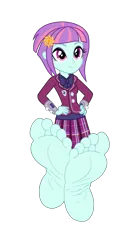 Size: 3000x5700 | Tagged: safe, artist:xebck, derpibooru import, sunny flare, equestria girls, friendship games, absurd resolution, barefoot, base, base used, bowtie, clothes, crystal prep academy, crystal prep academy uniform, crystal prep shadowbolts, eyeshadow, feet, female, fetish, foot fetish, foot focus, hand on hip, image, makeup, pleated skirt, png, school uniform, simple background, skirt, soles, solo, toes, transparent background, vector, wristband