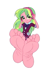 Size: 3500x5200 | Tagged: safe, artist:xebck, derpibooru import, lemon zest, equestria girls, friendship games, barefoot, base, base used, bowtie, clothes, crystal prep academy, crystal prep shadowbolts, eyeshadow, feet, female, fetish, foot fetish, foot focus, headphones, high res, image, looking at you, makeup, pleated skirt, png, school uniform, simple background, skirt, soles, solo, toes, transparent background, vector