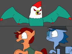 Size: 2000x1500 | Tagged: safe, artist:blazewing, derpibooru import, oc, oc:syntax, oc:tough cookie, unofficial characters only, cockatrice, pony, unicorn, 2 panel comic, atg 2023, clothes, comic, drawpile, duo, fangs, fedora, female, glasses, gray background, hat, image, jacket, male, mare, newbie artist training grounds, open mouth, panicking, png, raised hoof, rearing, scared, shrunken pupils, simple background, spread wings, stallion, vest, wings