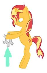 Size: 1155x1770 | Tagged: safe, artist:wissle, derpibooru import, sunset shimmer, pony, unicorn, arrow, atg 2023, bipedal, female, gear, image, looking down, mare, newbie artist training grounds, png, simple background, solo, tongue out, transparent background