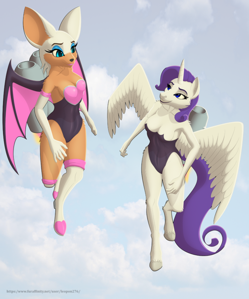 Size: 1067x1280 | Tagged: suggestive, artist:leopon276, derpibooru import, rarity, alicorn, anthro, unguligrade anthro, alicornified, bat wings, boots, breasts, cleavage, clothes, cloud, crossover, feathered wings, female, females only, flying, horn, image, jetpack, leotard, nostrils, png, race swap, raricorn, rouge the bat, shoes, sky, smiling, snout, sonic the hedgehog (series), spread wings, thigh boots, unicorn horn, wings