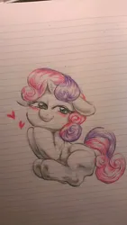 Size: 720x1280 | Tagged: safe, artist:nekubi, derpibooru import, sweetie belle, pony, unicorn, blushing, colored pencil drawing, female, filly, foal, heart, hoof on chin, image, jpeg, lined paper, sitting, sketch, smiling, solo, traditional art
