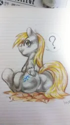 Size: 1152x2048 | Tagged: safe, artist:nekubi, derpibooru import, derpy hooves, pegasus, pony, bubble butt, butt, colored pencil drawing, female, image, jpeg, lined paper, looking back, mare, plot, question mark, sitting, sketch, solo, traditional art