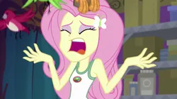 Size: 1280x720 | Tagged: safe, derpibooru import, screencap, fluttershy, equestria girls, legend of everfree, bare shoulders, birds flying away, butterfly hairpin, clothes, eyes closed, female, frightened, image, open mouth, png, screaming, solo