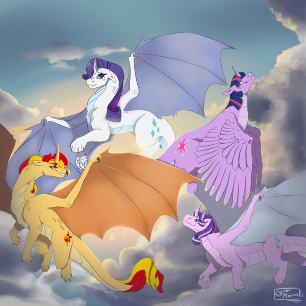 Size: 4000x4000 | Tagged: safe, artist:kyr0maniac, derpibooru import, rarity, starlight glimmer, sunset shimmer, twilight sparkle, dragon, dragoness, dragonified, female, flying, glimmerdragon, grin, image, png, raridragon, sky, sky background, smiling, species swap, sunset dragon, twilidragon