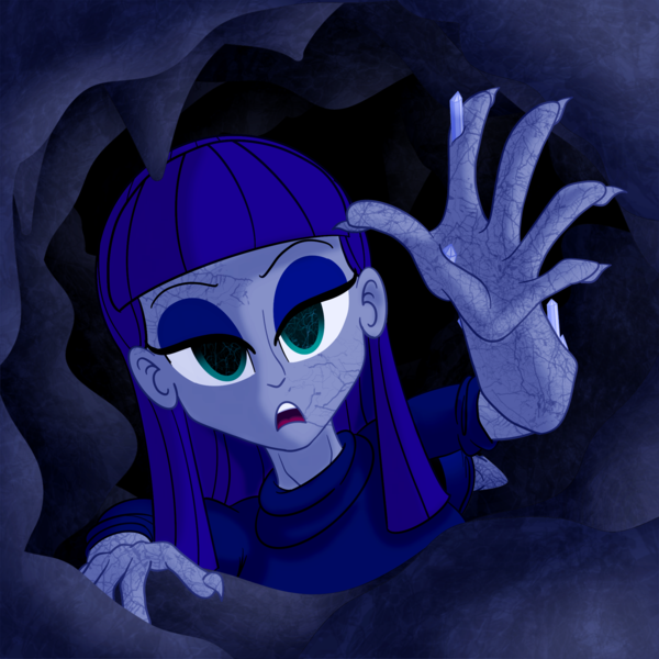 Size: 2200x2200 | Tagged: semi-grimdark, artist:sixes&sevens, derpibooru import, maud pie, crystal pony, fanfic:the sunset archives, equestria girls, cave, cracked, crystallized, fanfic art, female, image, looking at you, png, reaching, solo, underground
