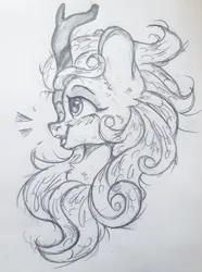 Size: 960x1292 | Tagged: safe, artist:starkey, derpibooru import, autumn blaze, kirin, pony, bust, ear fluff, female, image, mare, png, portrait, sketch, smiling, solo, traditional art