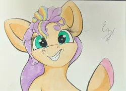 Size: 2254x1636 | Tagged: safe, artist:engi, derpibooru import, sunny starscout, earth pony, pony, g5, female, floppy ears, image, jpeg, looking at you, mare, signature, simple background, smiling, traditional art, watercolor painting