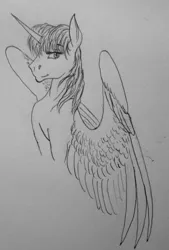 Size: 1879x2783 | Tagged: safe, artist:crazyaniknowit, derpibooru import, twilight sparkle, twilight sparkle (alicorn), alicorn, pony, bust, image, jpeg, monochrome, portrait, solo, traditional art