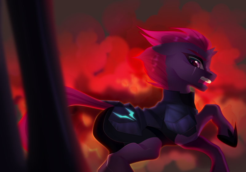 Size: 4961x3485 | Tagged: safe, artist:glastalinka, derpibooru import, fizzlepop berrytwist, tempest shadow, pony, unicorn, my little pony: the movie, angry, armor, broken horn, female, hopping, horn, image, lineless, mare, open mouth, png, red light, running, scar, screaming, smoke, solo, solo female, wind