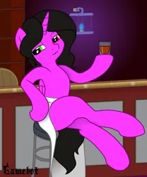 Size: 900x1080 | Tagged: safe, artist:tcgamebot, derpibooru import, oc, oc:sarah, unofficial characters only, alicorn, pony, semi-anthro, :3, alcohol, bar, bedroom eyes, chair, clothes, crossed hooves, crossed legs, cup, dress, eyebrows, eyebrows visible through hair, female, head tilt, heterochromia, human shoulders, image, lantern, leaning back, looking at you, mare, mongol, png, sitting, solo, thighs, whiskey