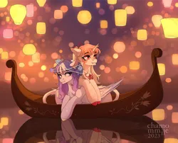Size: 3264x2634 | Tagged: safe, artist:chamommile, derpibooru import, oc, unofficial characters only, pegasus, pony, unicorn, boat, commission, couple, date, date night, festival, full body, happy, horn, image, lamp, lantern, lantern festival, looking at each other, looking at someone, looking up, pegasus oc, png, smiling, smiling at each other, unicorn oc, wings, ych result