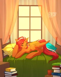 Size: 2993x3755 | Tagged: safe, artist:chamommile, derpibooru import, oc, unofficial characters only, alicorn, pony, bed, bedroom, book, commission, eyes closed, female, full body, image, light, morning, morning ponies, orange pony, png, red hair, sleeping, sleepy, solo, ych result