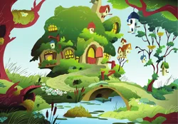 Size: 6316x4401 | Tagged: safe, derpibooru import, official, .svg available, background, bird house, bridge, building, cloud, door, flower, fluttershy's cottage, g4, image, png, reeds, river, scenery, sky, stock vector, tree, vector, water, window