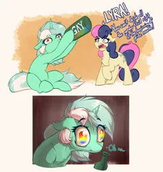 Size: 4000x4218 | Tagged: safe, artist:witchtaunter, derpibooru import, bon bon, lyra heartstrings, sweetie drops, earth pony, pony, unicorn, angry, big eyes, bon bon is not amused, bottle, comic, derp, drinking, duo, faic, female, floppy ears, genderfluid, image, l.u.l.s., mare, png, pride, rainbow, simple background, sitting, unamused, yelling