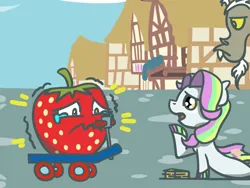 Size: 1800x1350 | Tagged: safe, artist:flutterluv, derpibooru import, part of a set, apple bloom, coconut cream, discord, draconequus, seapony (g4), atg 2023, crying, discord is not amused, food, food transformation, image, jpeg, newbie artist training grounds, scared, scooter, seaponified, species swap, strawberry, teary eyes, transformation, trio, unamused