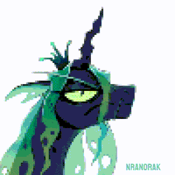 Size: 512x512 | Tagged: safe, artist:anoraknr, derpibooru import, queen chrysalis, changeling, animated, cheese, cheese slap, crown, digital art, fangs, female, food, gif, green eyes, green hair, image, insect wings, jewelry, pixel art, regalia, simple background, solo, white background, wings