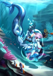 Size: 4000x5733 | Tagged: safe, artist:mithriss, derpibooru import, oc, oc:siriusnavigator, unofficial characters only, fish, hybrid, merpony, pegasus, pony, seapony (g4), absurd resolution, artificial horn, augmented, bubble, clothes, commission, coral, crepuscular rays, digital art, dive mask, dolphin suit, dorsal fin, female, fin, fish tail, folded wings, goggles, high res, horn, image, in bubble, inflatable, latex, magic, magic horn, male, mare, ocean, open mouth, open smile, png, scuba diving, scuba gear, seaweed, smiling, stallion, suit, sunlight, swimming, tail, underwater, water, wetsuit, wings