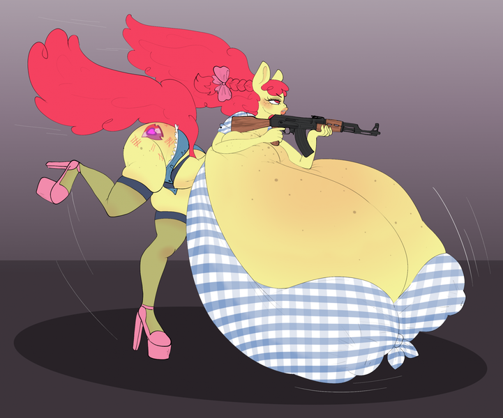 Size: 2104x1752 | Tagged: questionable, artist:mortimer todd, derpibooru import, apple bloom, anthro, earth pony, ak-74, alternate hairstyle, ass, big breasts, big lips, boob freckles, bow, braid, breasts, busty apple bloom, butt, chest freckles, cleavage, clothes, daisy dukes, erect nipples, eyebrows, eyelashes, freckles, gingham, gun, hair bow, high heels, hips, huge breasts, hyper, hyper breasts, image, impossibly large breasts, large butt, lips, machine gun, nipple outline, one leg raised, panties, platform heels, png, red hair, red tail, shoes, shorts, socks, solo, stockings, tail, thigh highs, thighs, thong, thunder thighs, underwear, weapon, wide hips