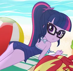Size: 518x502 | Tagged: suggestive, artist:charliexe, derpibooru import, sci-twi, sunset shimmer, twilight sparkle, equestria girls, equestria girls series, forgotten friendship, adorasexy, ass, attached skirt, bare shoulders, beach ball, beach towel, breasts, butt, clothes, cowboy hat, cute, cutie mark, cutie mark on clothes, cutie mark swimsuit, embarrassed, female, glasses, hat, image, jpeg, looking at you, looking back, looking back at you, looking over shoulder, magical geodes, ocean, ponytail, purple swimsuit, sand, schrödinger's pantsu, sci-twi swimsuit, sci-twibutt, sexy, show accurate, sideass, skirt, solo, stetson, summer sunset, swimsuit, towel, tricolor swimsuit, twibutt, water, wetsuit