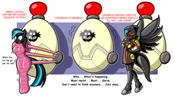 Size: 3200x1800 | Tagged: safe, artist:flashpointgear, derpibooru import, oc, unofficial characters only, anthro, pegasus, bondage, crossover, dialogue, doctor eggman, egg, encasement, grin, image, latex, latex suit, mind control, pegasus oc, png, smiling, sonic the hedgehog (series), wings