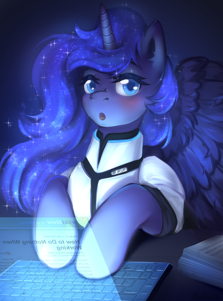 Size: 1085x1460 | Tagged: safe, artist:blueomlette, derpibooru import, princess luna, alicorn, pony, blue eyes, blushing, clothes, computer, connor luna, crossover, detroit: become human, ear fluff, ears, ethereal mane, eyebrows, eyelashes, feathered wings, female, galaxy mane, hooves, horn, image, laptop computer, looking at you, nostrils, open mouth, pegasus wings, png, snout, solo, spread wings, typing, unicorn horn, uniform, wings, writing