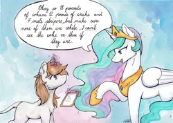 Size: 5972x4241 | Tagged: safe, alternate version, artist:lightisanasshole, derpibooru import, princess celestia, oc, oc:dorm pony, alicorn, pony, unicorn, funny, image, levitation, magic, meme, png, raised hoof, remake, speech, speech bubble, talking, telekinesis, text, traditional art, watercolor painting