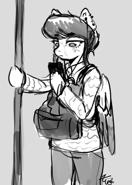 Size: 1119x1569 | Tagged: safe, artist:zowzowo, derpibooru import, oc, oc:kat, anthro, pegasus, backpack, earbuds, image, monochrome, phone, png, public transportation, sketch