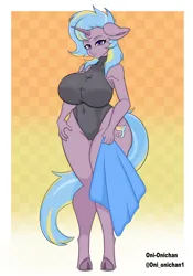 Size: 1606x2294 | Tagged: safe, artist:oni-onichan, derpibooru import, oc, oc:strict talent, anthro, unguligrade anthro, unicorn, big breasts, big ears, blue eyes, breasts, busty oc, clothes, ears, eyebrows, eyelashes, eyeliner, female, floppy ears, fusion, fusion:harshwhinny, fusion:trixie, hips, horn, image, looking at you, makeup, multicolored hair, multicolored tail, nostrils, one-piece swimsuit, png, smiling, smiling at you, snout, solo, swimsuit, tail, thighs, thunder thighs, unicorn horn, waist, wide hips