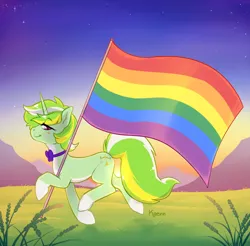 Size: 2893x2846 | Tagged: safe, artist:kaenn, derpibooru import, oc, oc:brightwing, oc:varu, pony, unicorn, green pony, image, png, pride, pride flag, pride month, solo, sunset