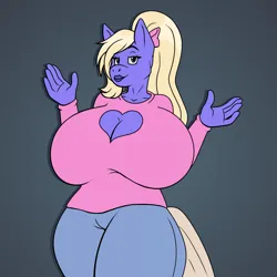 Size: 1919x1919 | Tagged: suggestive, artist:axelferdinan, derpibooru import, oc, unofficial characters only, anthro, earth pony, big breasts, blonde, blonde hair, boob window, bow, breasts, busty oc, cleavage, clothes, denim, earth pony oc, eyebrows, eyelashes, female, female oc, hair bow, hips, image, jeans, legs together, lidded eyes, lips, nostrils, pants, png, ponytail, raised hand, shrug, simple background, snout, solo, sweater, tail, thighs, thunder thighs, wide hips