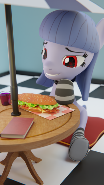 Size: 2160x3840 | Tagged: safe, alternate version, artist:the luna fan, derpibooru import, oc, oc:cosmia nebula, unofficial characters only, earth pony, 3d, blender, blender cycles, book, clothes, derpibooru exclusive, drink, food, image, outdoors, pillow, png, sandwich, smiling, socks, table, umbrella