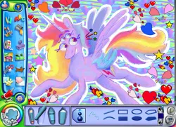 Size: 800x580 | Tagged: safe, artist:msponies, derpibooru import, alicorn, pony, colored wings, four eyes, four wings, fusion, fusion:princess celestia, fusion:rainbow dash, image, kid pix, multicolored hair, multicolored wings, multiple eyes, multiple wings, png, solo, wings