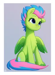 Size: 1100x1500 | Tagged: safe, artist:luminousdazzle, derpibooru import, oc, unofficial characters only, pegasus, pony, g5, background pony, blue eyes, chest fluff, female, floppy ears, image, looking up, luminous dazzle, mare, multicolored hair, png, short hair, simple background, sitting, solo, solo female, unshorn fetlocks