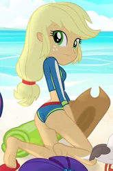 Size: 397x601 | Tagged: suggestive, artist:charliexe, derpibooru import, applejack, bird, seagull, equestria girls, equestria girls series, forgotten friendship, adorasexy, applebutt, applejack's beach shorts swimsuit, ass, barefoot, beach, beach towel, blue swimsuit, breasts, butt, clothes, cowboy hat, cute, embarrassed, feet, female, geode of super strength, hat, image, jpeg, looking at you, looking back, looking back at you, looking over shoulder, magical geodes, ponytail, sand, schrödinger's pantsu, sexy, shorts, show accurate, sideass, solo, stetson, swimsuit, towel, water, wetsuit