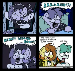 Size: 1831x1732 | Tagged: safe, artist:bobthedalek, derpibooru import, oc, oc:bubble pump, oc:clippy ticket, unofficial characters only, earth pony, pegasus, pony, comic:trottingham transport, atg 2023, bed, clothes, comic, dream, image, maid, mug, newbie artist training grounds, png, screaming, simpsons did it