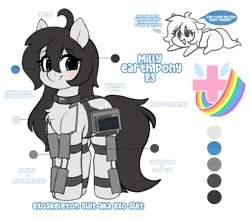 Size: 4950x4347 | Tagged: safe, artist:stablegrass, derpibooru import, oc, oc:milly, earth pony, ahoge, blushing, chest fluff, chibi, collar, cutie mark, disabled, exosuit, heart monitor, image, looking sideways, png, reference sheet, simple background, smiling, speech bubble, text, white background