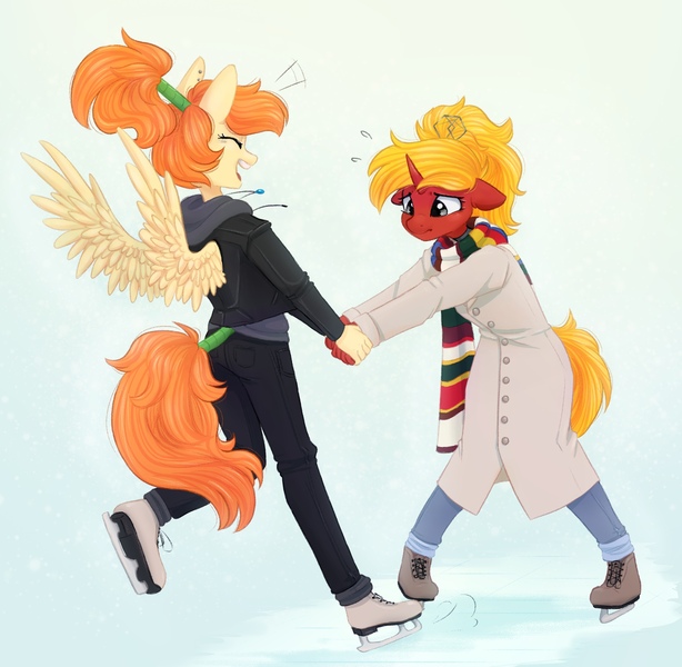 Size: 2211x2160 | Tagged: safe, artist:melodylibris, derpibooru import, oc, oc:ray muller, oc:tatra, anthro, clothes, ice, image, jpeg, pantograph, scarf, skates