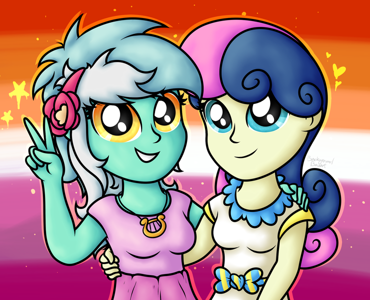 Size: 1857x1506 | Tagged: safe, artist:background basset, derpibooru import, bon bon, lyra heartstrings, sweetie drops, human, equestria girls, duo, duo female, equestria girls 10th anniversary, female, image, lesbian, lesbian pride flag, lyrabon, png, pride, pride flag, shipping