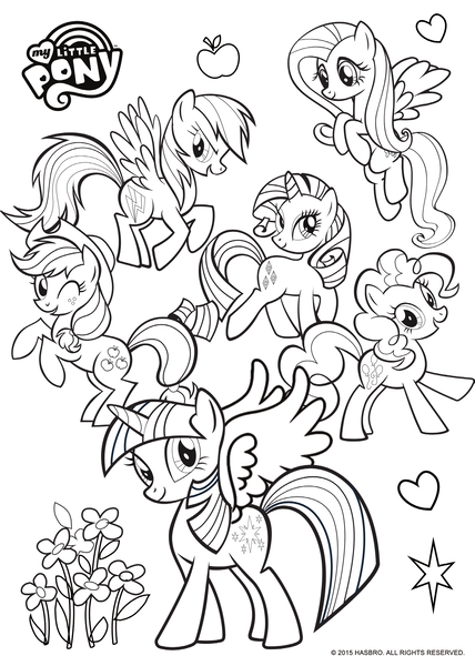 Size: 1563x2191 | Tagged: safe, derpibooru import, official, applejack, fluttershy, pinkie pie, rainbow dash, rarity, twilight sparkle, twilight sparkle (alicorn), alicorn, earth pony, pegasus, pony, unicorn, black and white, coloring page, female, flower, g4, grayscale, image, mane six, mare, monochrome, my little pony logo, png, simple background, text, white background