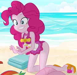 Size: 591x573 | Tagged: safe, artist:charliexe, derpibooru import, fluttershy, pinkie pie, rainbow dash, bird, seagull, equestria girls, equestria girls series, forgotten friendship, adorasexy, ass, beach, beach towel, bow swimsuit, breasts, butt, clothes, cute, female, grin, happy, image, jewelry, jpeg, necklace, pink swimsuit, sand, schrödinger's pantsu, sexy, show accurate, sideass, smiling, solo, swimsuit, towel, water, wetsuit
