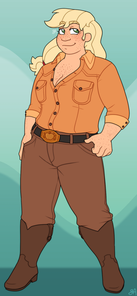 Size: 862x1867 | Tagged: safe, artist:greenarsonist, derpibooru import, applejack, human, belt, belt buckle, boots, clothes, cowboy boots, female, freckles, gender headcanon, grin, headcanon, headcanon in the description, humanized, image, long hair, muscles, muscular female, png, sexuality headcanon, shoes, simple background, smiling, solo