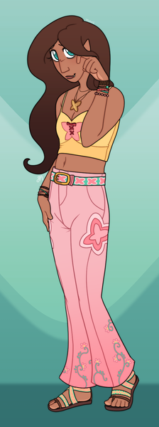 Size: 656x1757 | Tagged: safe, artist:greenarsonist, derpibooru import, fluttershy, human, belt, belt buckle, bracelet, clothes, female, gender headcanon, headcanon, headcanon in the description, humanized, image, jewelry, long hair, png, sandals, sexuality headcanon, simple background, solo, trans female, transgender