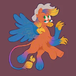 Size: 1500x1500 | Tagged: safe, artist:msponies, derpibooru import, earth pony, gryphon, hybrid, pony, beak, cowboy hat, four eyes, fusion, fusion:applejack, fusion:gallus, hat, hybrid fusion, image, multiple eyes, png, red background, simple background, six legs, solo