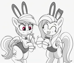 Size: 2281x1939 | Tagged: safe, artist:pabbley, derpibooru import, fluttershy, rainbow dash, pegasus, pony, bunny ears, bunny suit, clothes, cute, duo, eyes closed, female, frown, grayscale, image, jpeg, looking down, mare, monochrome, open mouth, open smile, partial color, playboy bunny fluttershy, playboy bunny rainbow dash, rearing, shyabetes, simple background, smiling, white background