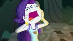 Size: 1280x720 | Tagged: safe, derpibooru import, screencap, rarity, equestria girls, legend of everfree, big no, bush, eyes closed, hand on cheek, image, jewelry, logs, open mouth, png, screaming, solo, tree
